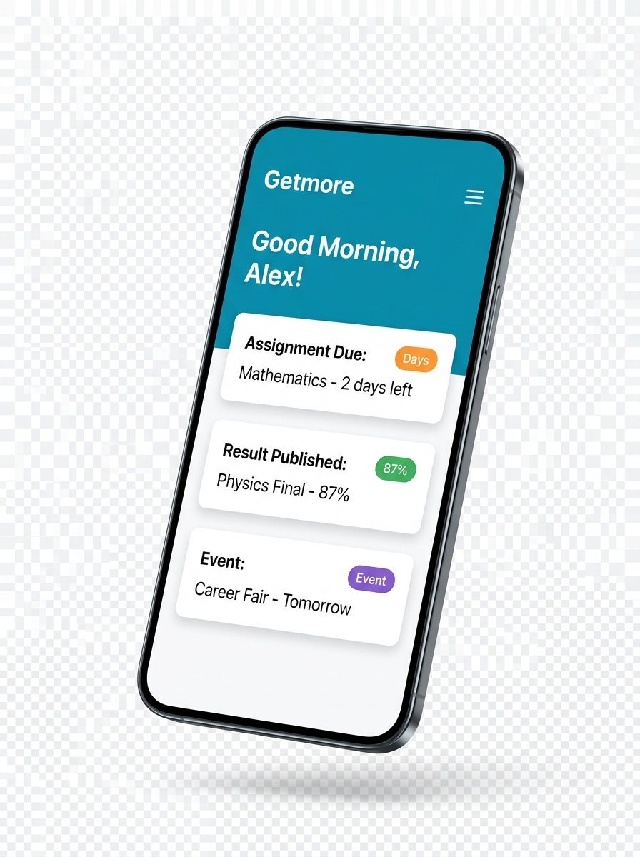 Getmore app showing real-time student notifications dashboard